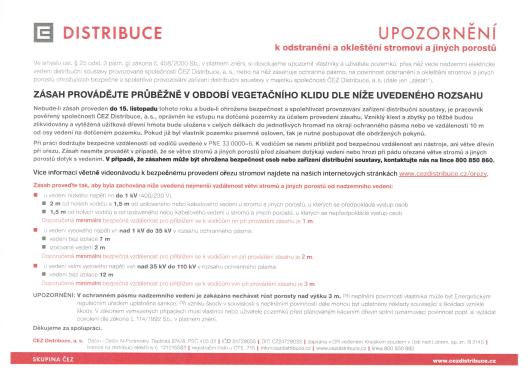 UPOZORNĚNÍ k&nbsp;odstranění a&nbsp;okleštění stromoví a&nbsp;jiných porostů