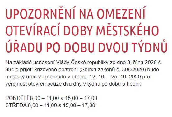 Omezení otevírací doby MěÚ Letohrad